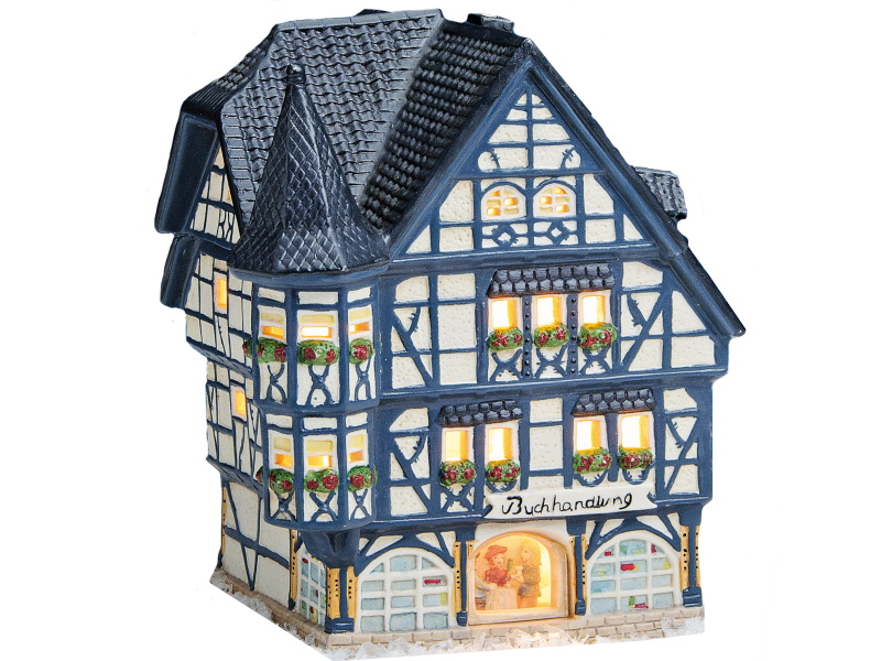 Buchhandlung aus Porzellan mit Glasscheibe Fachwerkhaus Lichthaus Windlicht Miniatur-Modell B15 x T15 x H17cm