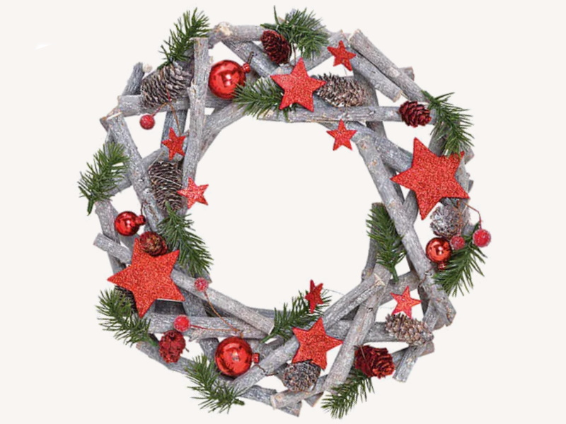 Weihnachtskranz dekoriert mit Zapfen und Beeren aus Holz und Kunststoff Dekokranz Türkranz (grau rot grün) D30 x H8cm