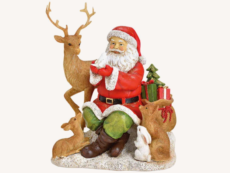 Dekofigur Weihnachtsmann mit Tieren Winterszene aus Poly Aufsteller Weihnachtsdeko klassische Farben (bunt) B16 x H17 x T13cm