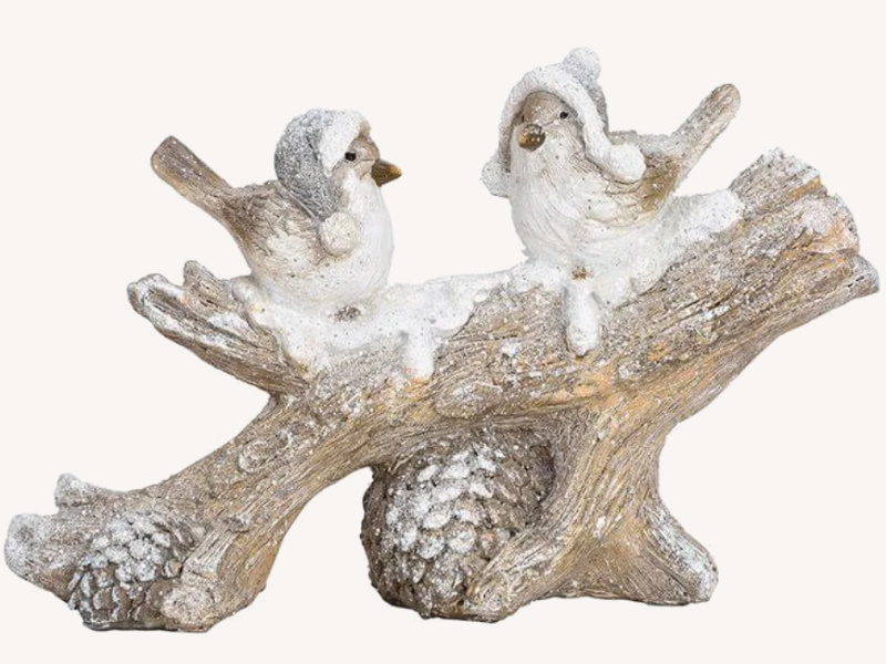 Dekofigur Wintervogel auf Ast aus Poly mit schönen Details - winterliche Dekoration (weiss) B27 x H16 x T8cm