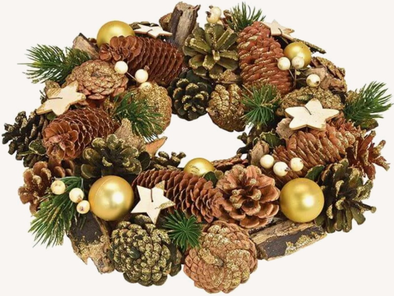 Weihnachtskranz dekoriert mit Zapfen Kugeln aus Holz und Kunststoff - winterlicher Dekokranz Türkranz (gold braun) D33 x B8cm