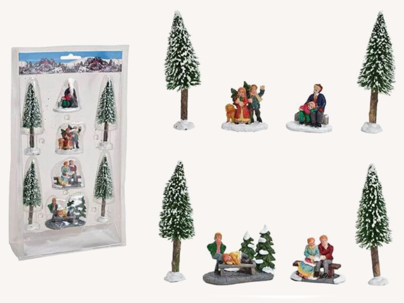 8 tlg. Miniatur-Set mit Bäume Figuren Weihnachtsfigur Winterszene Lichthaus Winterwelt (bunt) Höhe 5 - 14cm