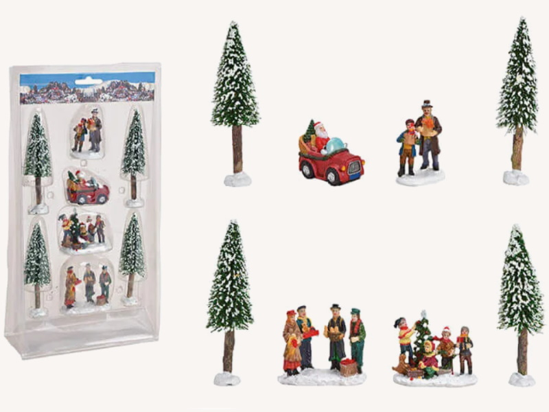 8 tlg. Miniatur-Set mit Bäume Figuren Weihnachtsfigur Winterszene Lichthaus Winterwelt (bunt) Höhe 4 - 14cm
