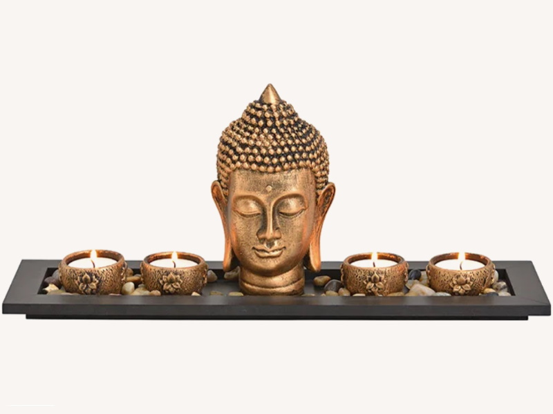 Dekotablett mit Buddha und 4 Teelichthalter mit Dekosteinen aus Holz Stein Poly (gold) B41 x H17 x T11cm