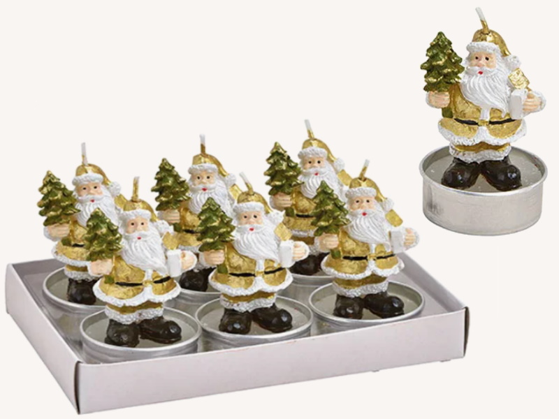 6er-Set Teelichte aus Wachs Weihnachtsmann mit Baum - Formteelicht handbemalt (gold weiss) D4 x H6cm