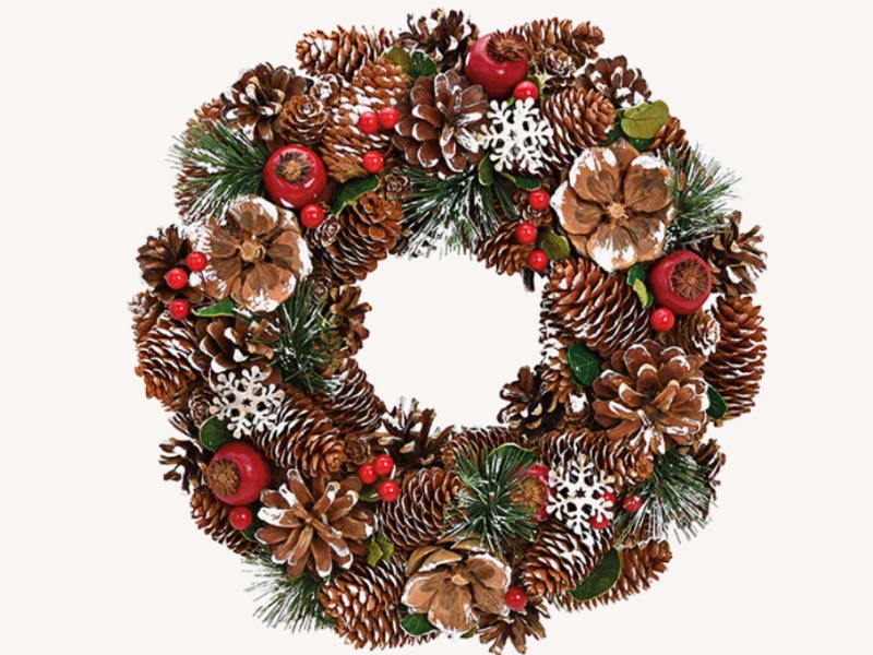 Weihnachtskranz dekoriert mit Zapfen und Beeren aus Holz und Kunststoff Dekokranz Türkranz (braun rot grün) B34 x H8 x T34cm