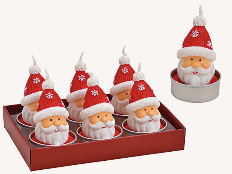 6er-Set Teelichte aus Wachs Nikolaus mit Mütze - Formteelicht handbemalt (rot weiss) D4 x H6cm