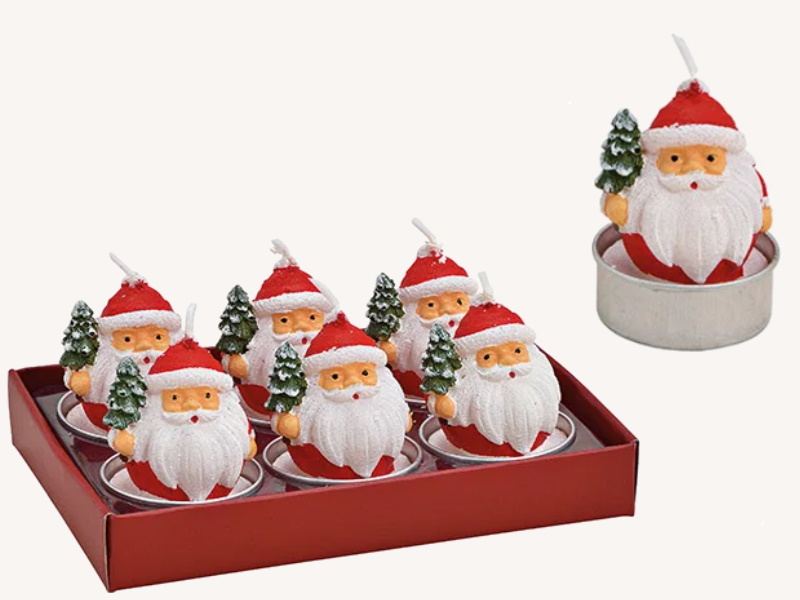 6er-Set Teelichte aus Wachs Nikolaus mit Baum - Formteelicht handbemalt (rot weiss) D4 x H5cm