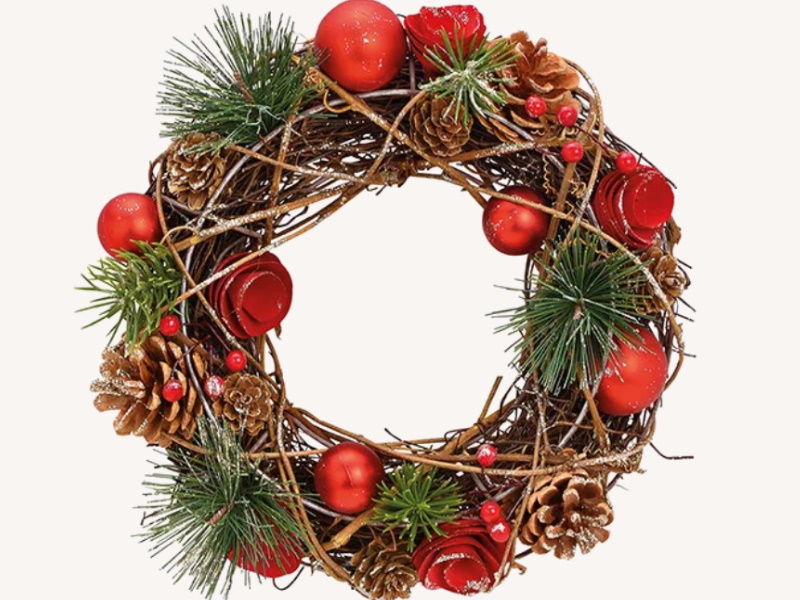 Weihnachtskranz dekoriert mit Zapfen und Beeren aus Holz und Kunststoff Dekokranz Türkranz (braun) D24 x 8cm
