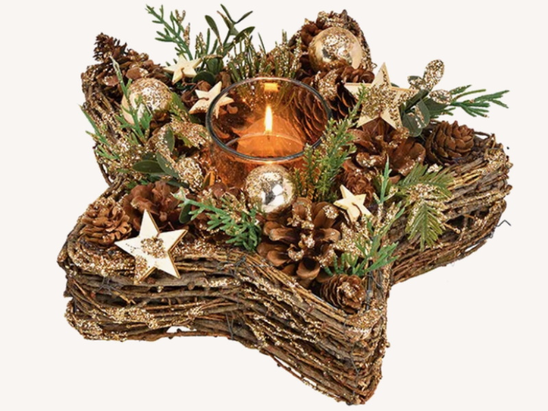 Weihnachtsgesteck Stern mit Teelichthalter Weihnachtsdekor aus Holz Kunststoff Glas (braun) (B/H/T) B26 x H11 x T26cm