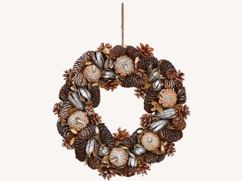 Weihnachtskranz mit Zapfen zum hängen aus Holz Kunststoff - winterlicher Dekokranz Türkranz (silber braun) D40 x B8cm