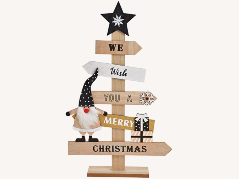 Dekoaufsteller Tannenbaum - We wish you a merry Christmas - aus Holz mit Nikolaus (natur weiss schwarz) B27 x H47 x T6cm