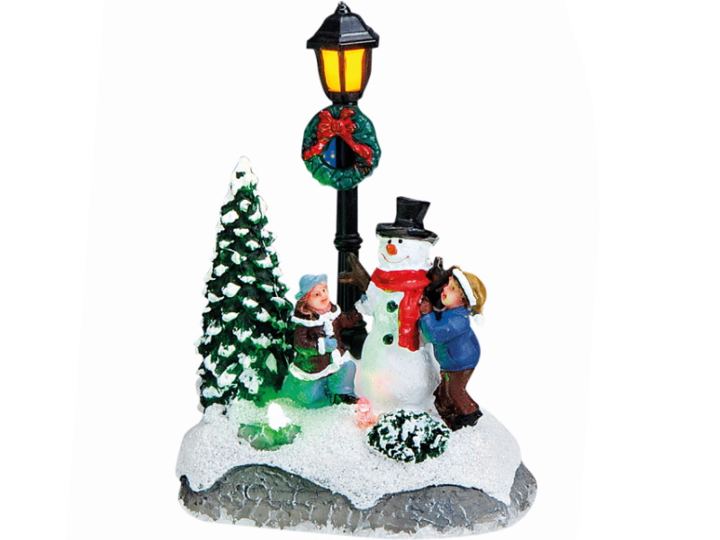Miniatur Weihnachtsfigur Winterszene Lichthaus Winterwelt Figur - Schneemann an Laterne - aus Poly (bunt) B8 x T5 x H12cm