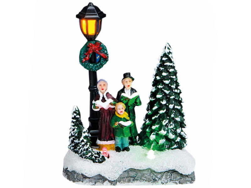 Miniatur Weihnachtsfigur Winterszene Lichthaus Winterwelt Figur - Chor an Laterne - aus Poly (bunt) B8 x T5 x H12cm