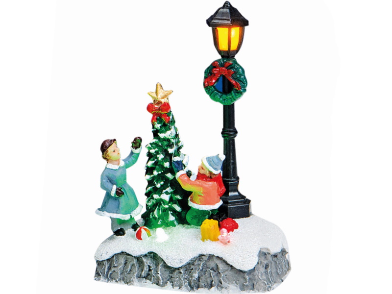 Miniatur Weihnachtsfigur Winterszene Lichthaus Winterwelt Figur - Kinder schmücken Baum - aus Poly (bunt) B8 x T5 x H12cm