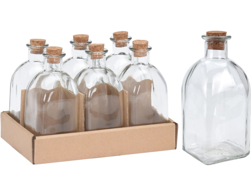 6er-Set Flasche eckig Glas mit Korken je 250 ML für Sirup Likör Schnaps Saft