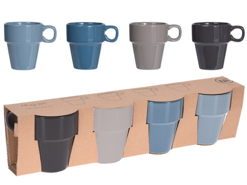 4er-Set Kaffeebecher Teetasse Stappelbecher je 180ML (blau/grau)