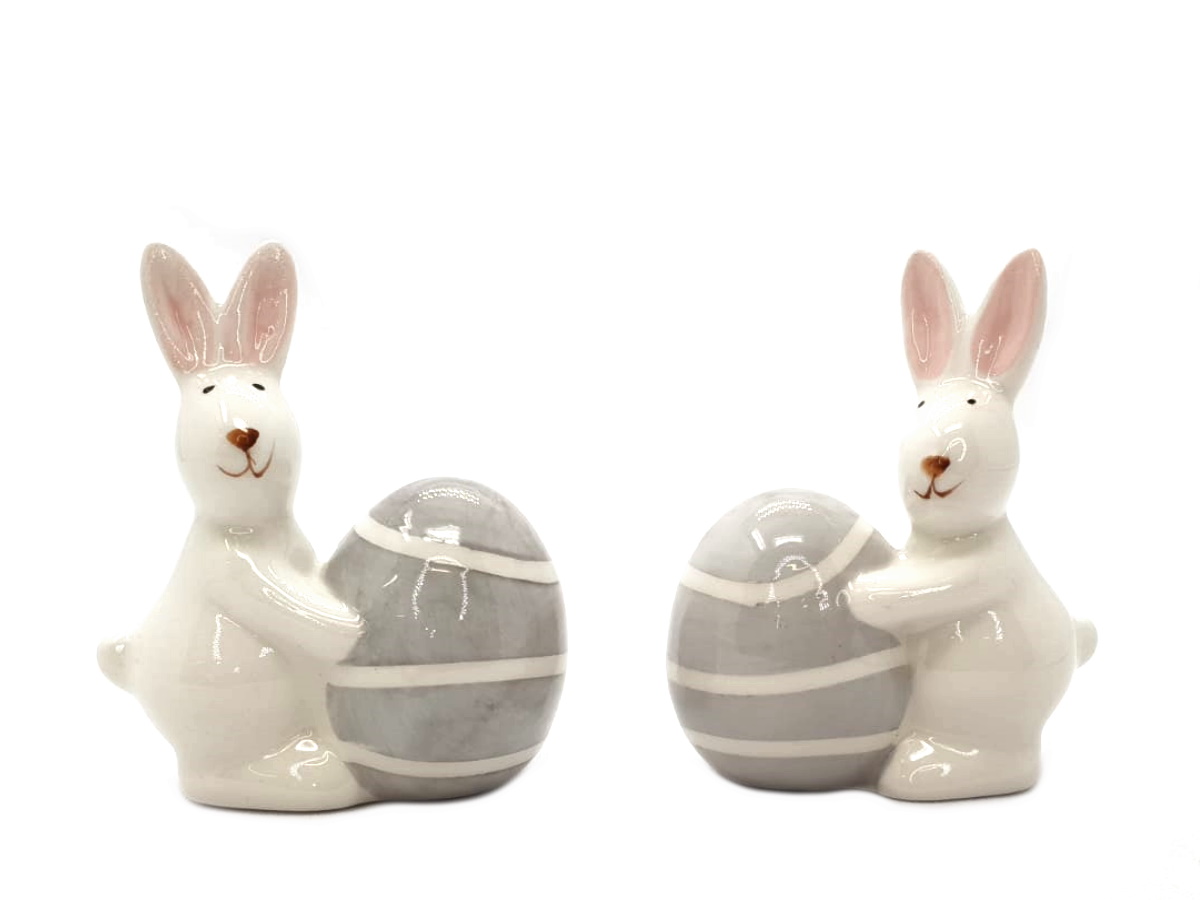 2er-Set Hasen mit Osterei aus Keramik Dekofigur Ostern Frühling Osterhasen sortiert (Weiß) B6xH8xT3cm