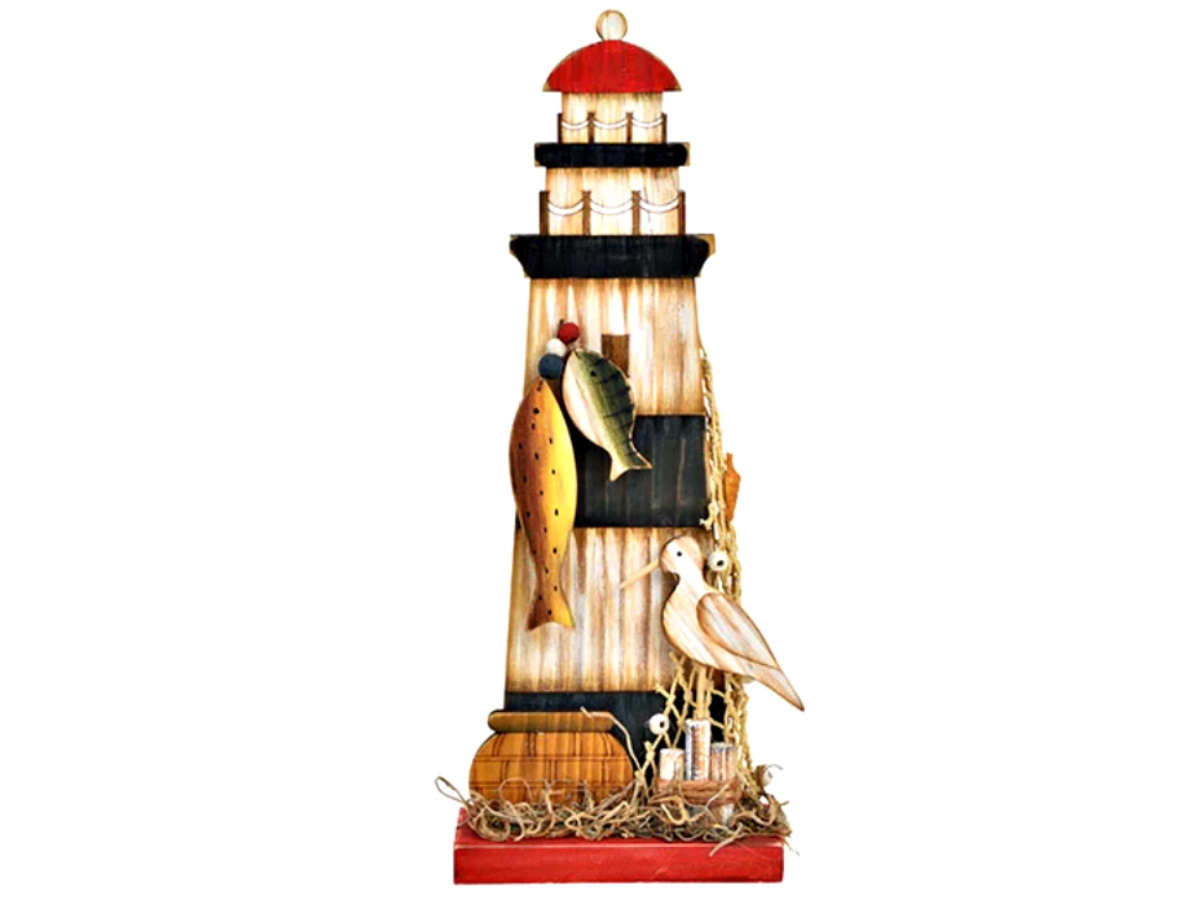 Maritimer Deko-Aufsteller Meerblick mit Leuchtturm und süßen Details aus Holz (Bunt) B13xH33xT6cm