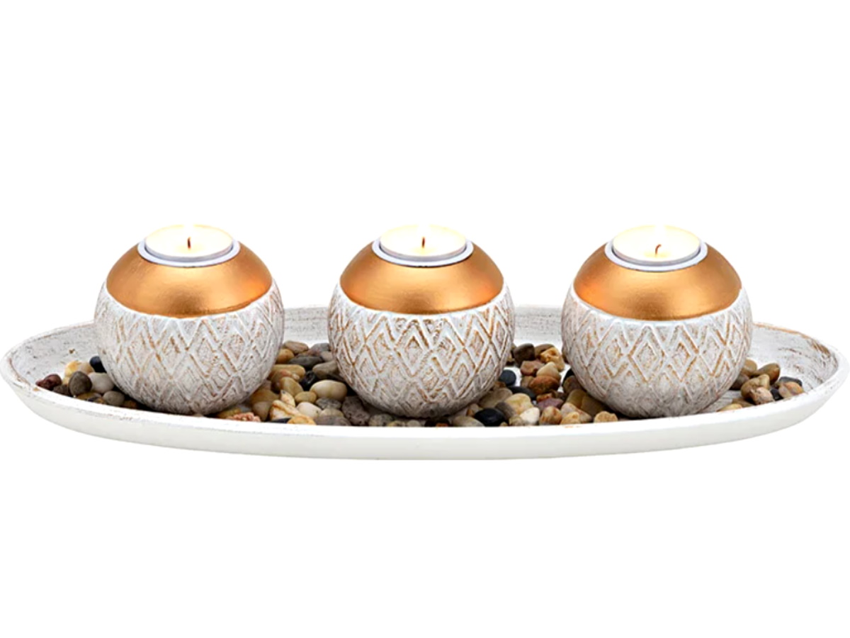 Deko-Set 3 Teelichthalter auf Tablett aus Holz mit Steinen (Weiß/Gold) B39xH10xT14cm