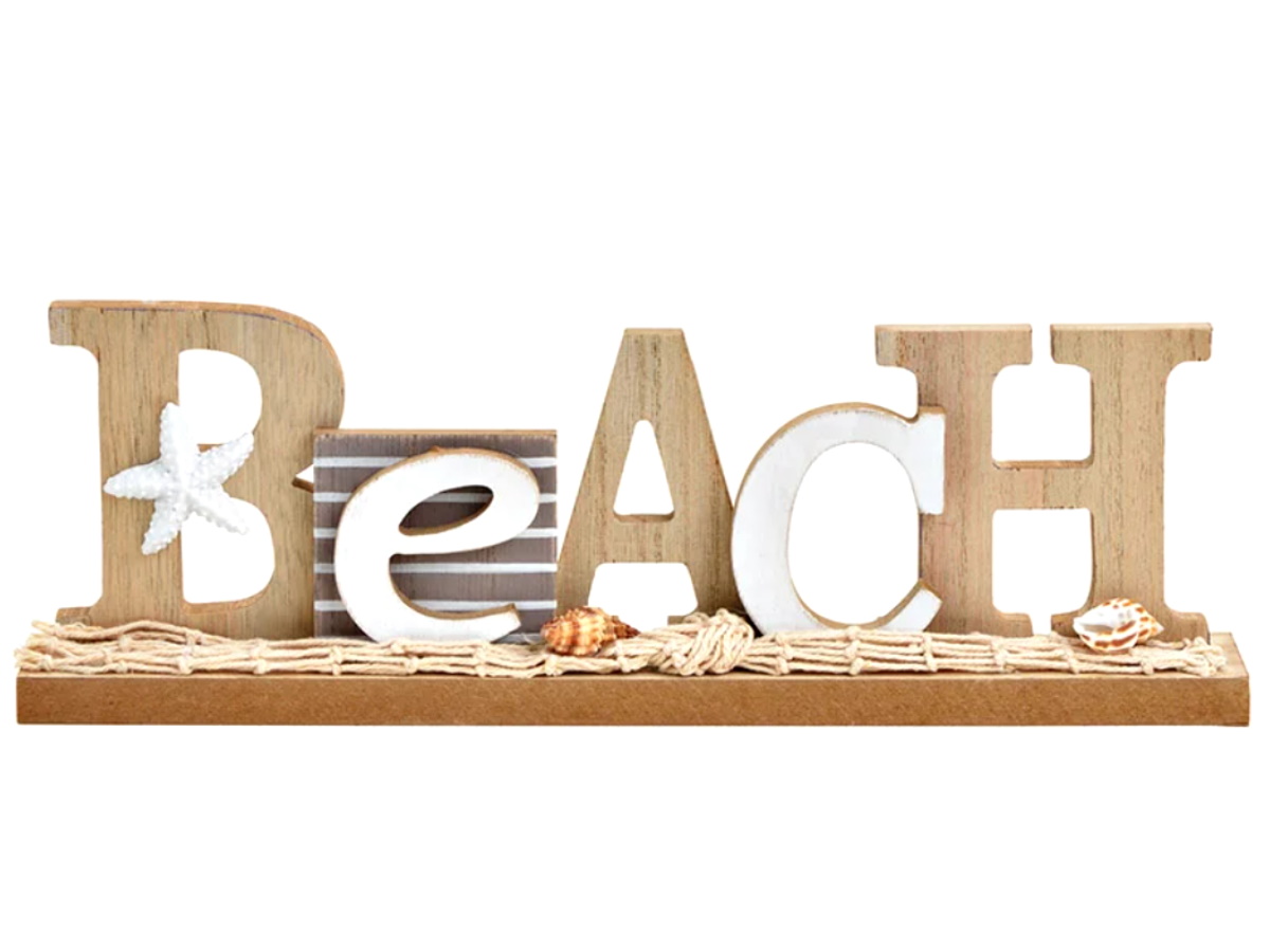 Aufsteller Schriftzug Beach in Maritimen Dekor aus Holz mit süßen Details (Natur) B30xH10xT4cm