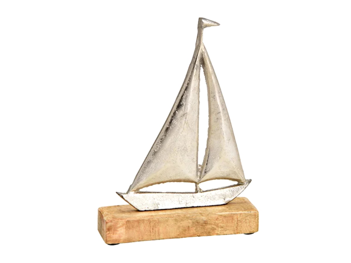 Deko-Aufsteller Segelboot aus Metall auf Mangoholz Sockel (Silber/Natur) B16xH21xT5cm