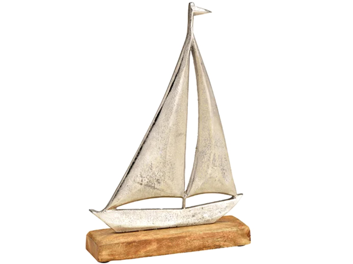 Deko-Aufsteller Segelboot aus Metall auf Mangoholz Sockel (Silber/Natur) B18xH27xT5cm