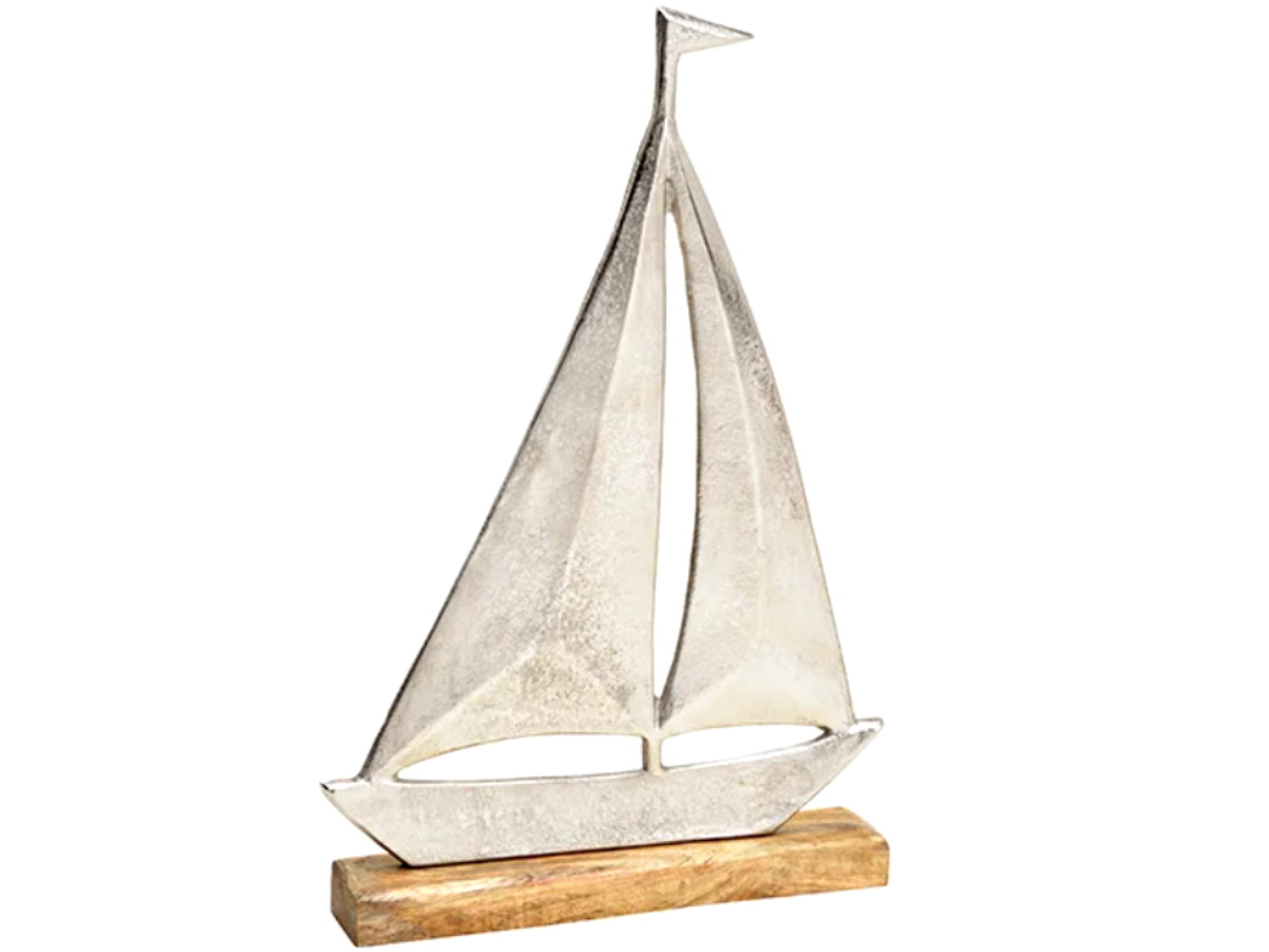 Deko-Aufsteller Segelboot aus Metall auf Mangoholz Sockel (Silber/Natur) B27xH40xT5cm