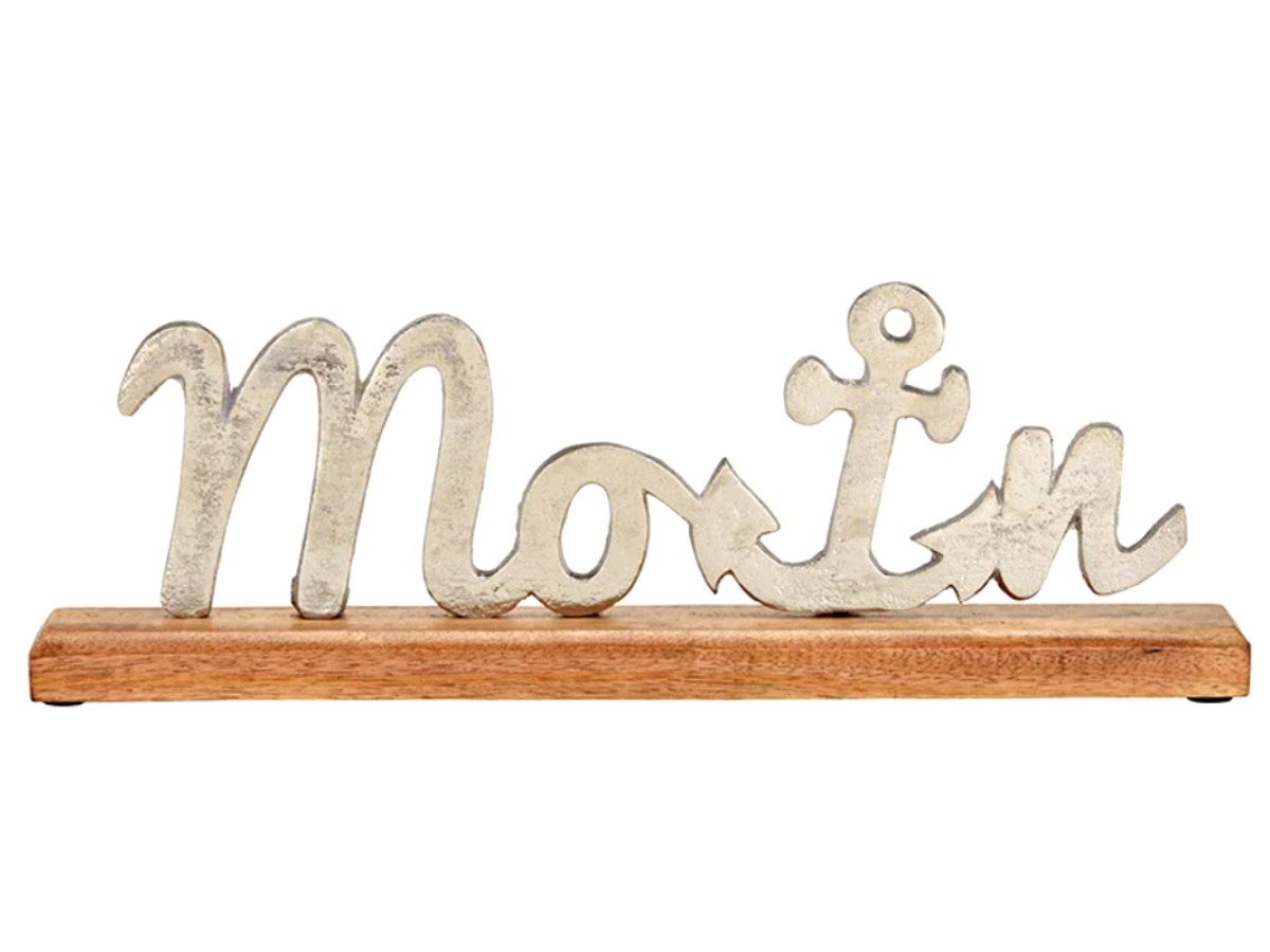 Maritimer Deko-Aufsteller mit Schriftzug Moin aus Metall auf Holzsockel (Silber) B40xH13xT5cm