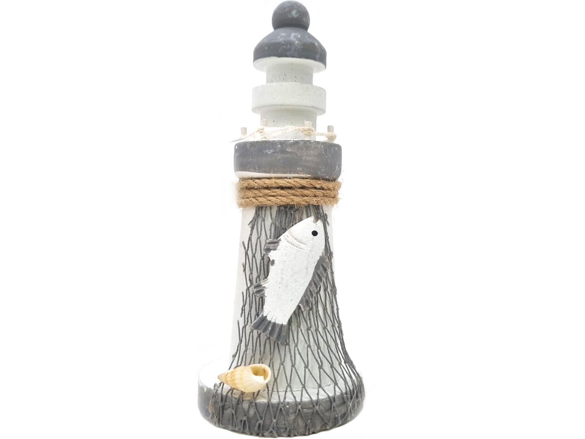 Leuchtturm aus Holz Dekofigur Maritime Dekoration (Grau/Weiß) D5xH13cm