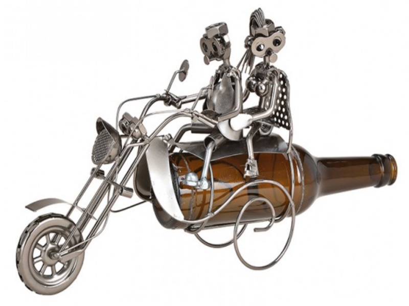 Figur Flaschenhalter für Bierflasche "Paar auf Motorrad" aus Metall (silber) Bre