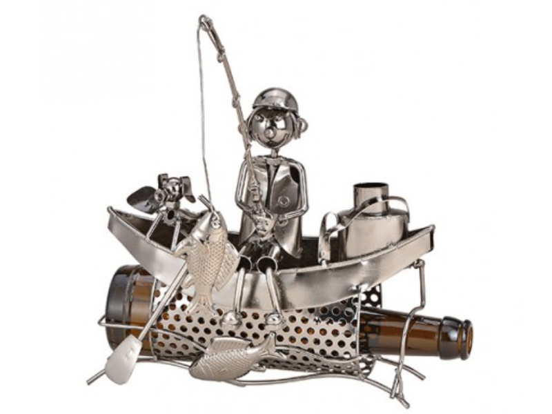 Figur Flaschenhalter für Bierflasche "Angler auf Boot" aus Metall (silber) Breit
