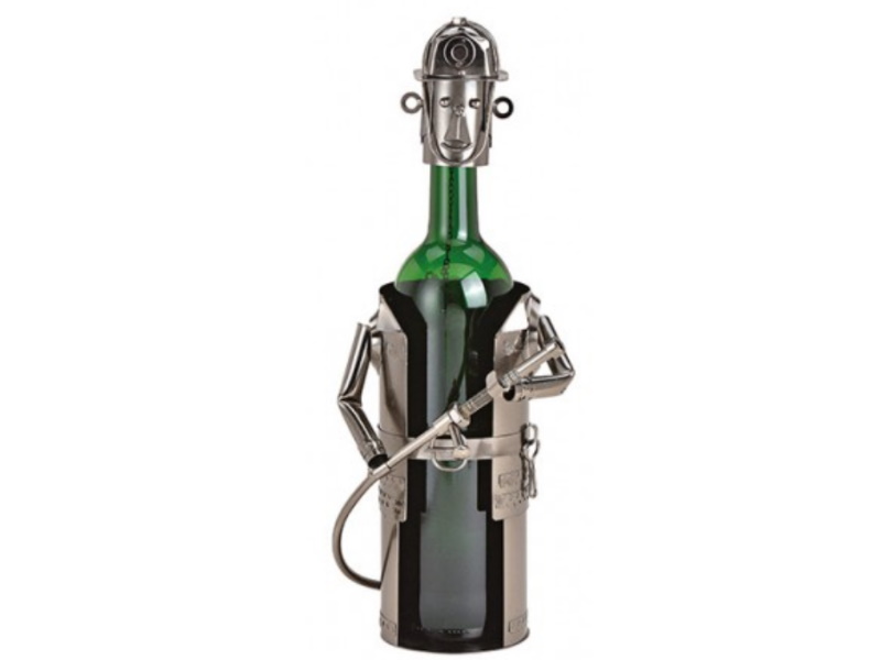 Figur Flaschenhalter für Weinflasche "Feuerwehrmann" aus Metall (silber) Breite