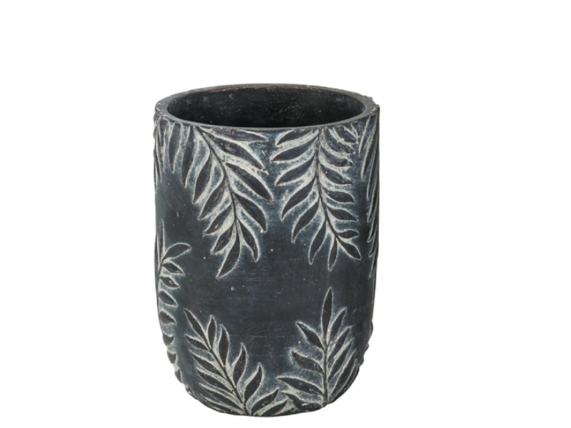 Vase „Lamina“ aus Zement mit Blattmuster Shabby-Look (schwarz) – Blumenvase Dekovase – Ø 14cm x Höhe 19cm
