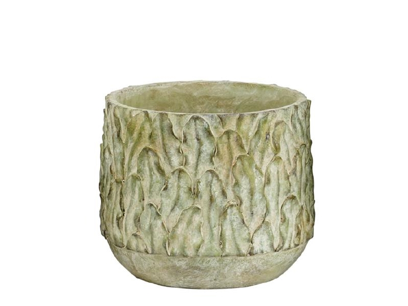 Topf „Pito“ aus Zement mit Blattmuster Shabby-Look (grün) – Blumentopf Übertopf Dekotopf - Ø 18,5cm x Höhe 15,5cm