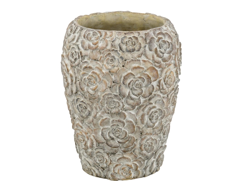 Vase „Sikara“ aus Zement mit tollen Blumenmuster Shabby-Look (beige braun) – Blumenvase Dekovase - Ø 17,5cm x Höhe 23cm
