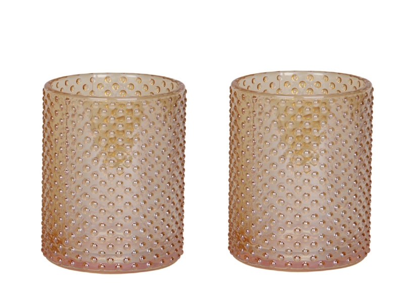 2er-Set Teelichthalter aus Glas mit Noppen (gold) – Windlicht Dekoglas Windglas – Ø 7cm x Hoehe 8cm