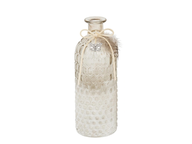 Flasche aus Glas mit Feder und Schmetterling (klar braun) – Dekoflasche Flaschenvase Dekoglas - Ø 7cm x Hoehe 20,5cm