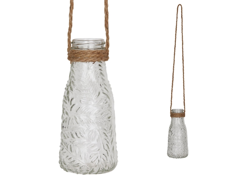 Glas Vase mit Blättern zum hängen an Juteseil (klar) – Blumenvase Hängevase Dekoglas – Ø 5,5cm x Hoehe 17,5cm
