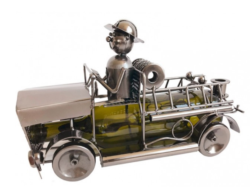 Figur Flaschenhalter für Weinflasche "Feuerwehrauto" aus Metall (silber) Breite