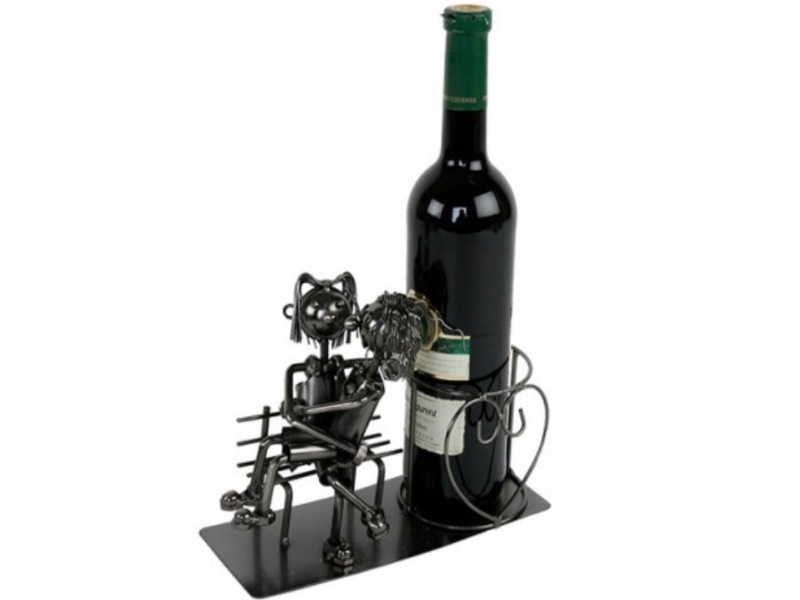 Figur Flaschenhalter für Weinflasche "Paar sitzend auf Bank" aus Metall (schwarz