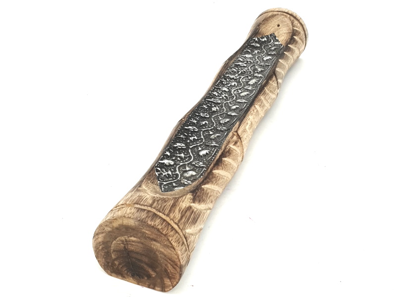 Räucherstäbchenhalter Indien aus Holz ovale kreise (braun silber) Breite 30cm x