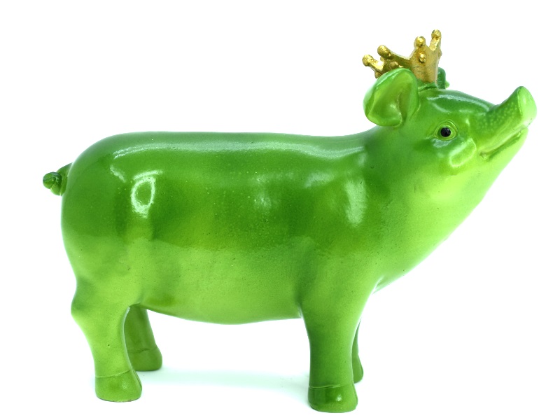 Schwein mit Krone Metallic Pol grün 16x6x12cm