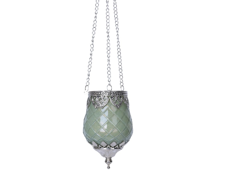 Windlicht zum hängen aus Glas für Teelicht mit Metallrand - grün - Ø9,5xH14,5cm