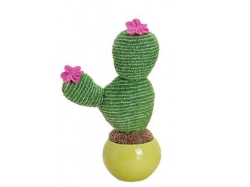 XL Kaktus aus Textil gefüttert mit Blüten in Keramiktopf - Höhe 28cm grüner Topf