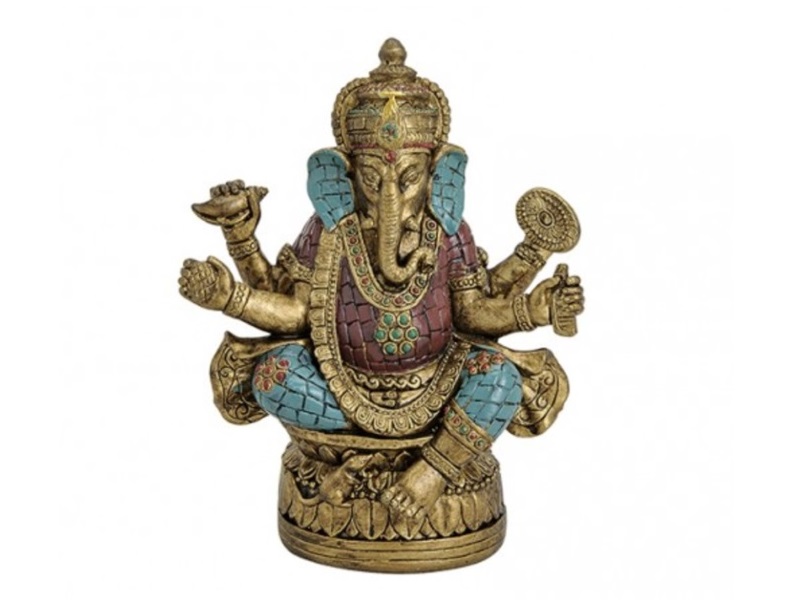 Ganesha Figur sitzend Gold/Blau/Rot aus Poly H18/B14/T8cm