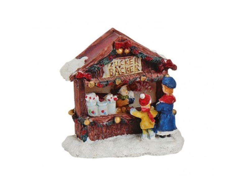 Weihnachtliche Miniatur-Figuren Winterwelt-Szene aus Poly – Marktstand Zuckerbäc