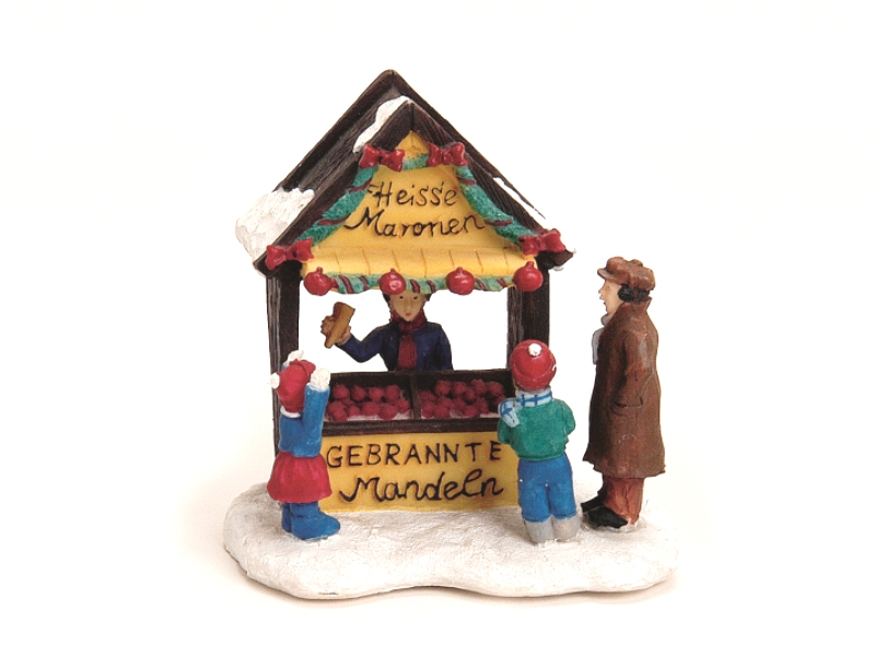 Weihnachtliche Miniatur-Figuren Winterwelt-Szene aus Poly – Marktstand Maronenst