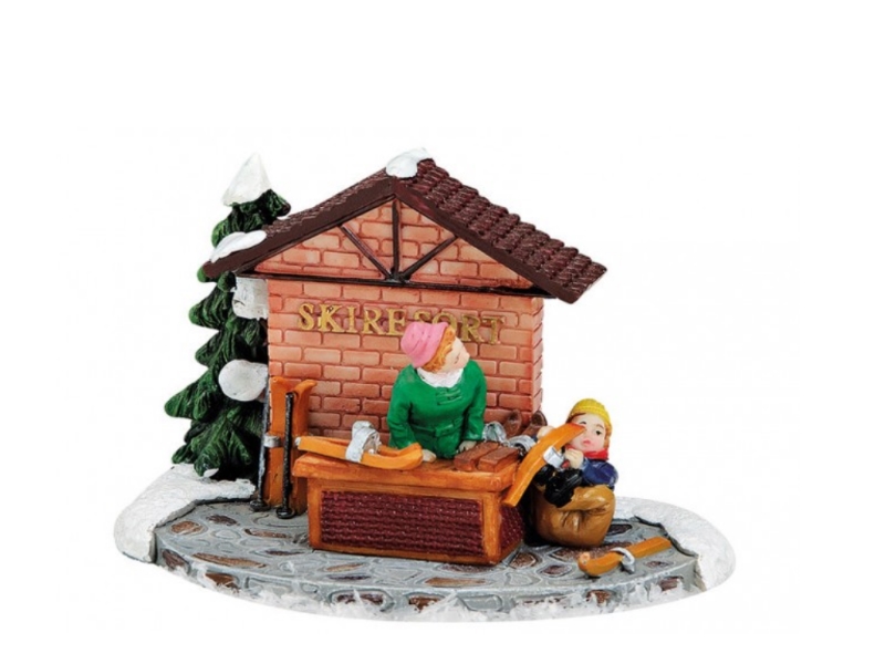 Weihnachtliche Miniatur-Figuren Winterwelt-Szene aus Poly – Urlaub im Skiresort