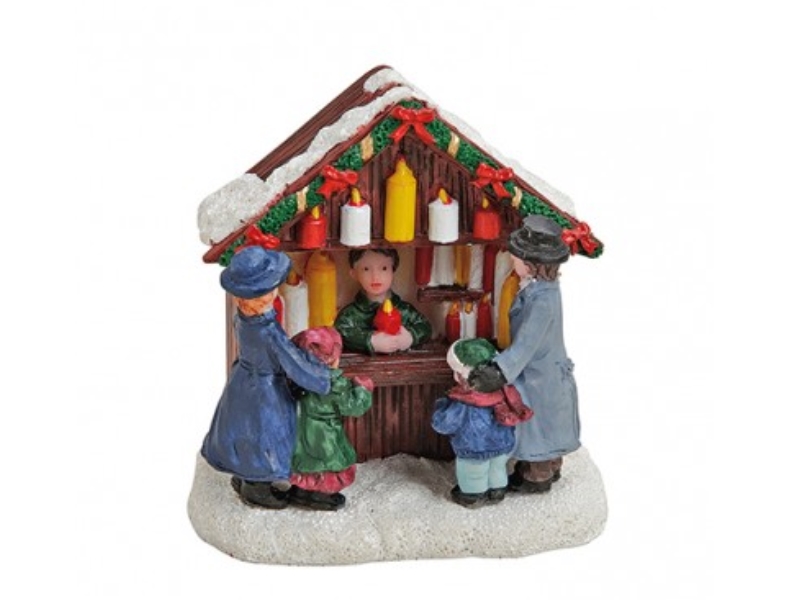 Weihnachtliche Miniatur-Figuren Winterwelt-Szene aus Poly – Marktstand Kerzensta